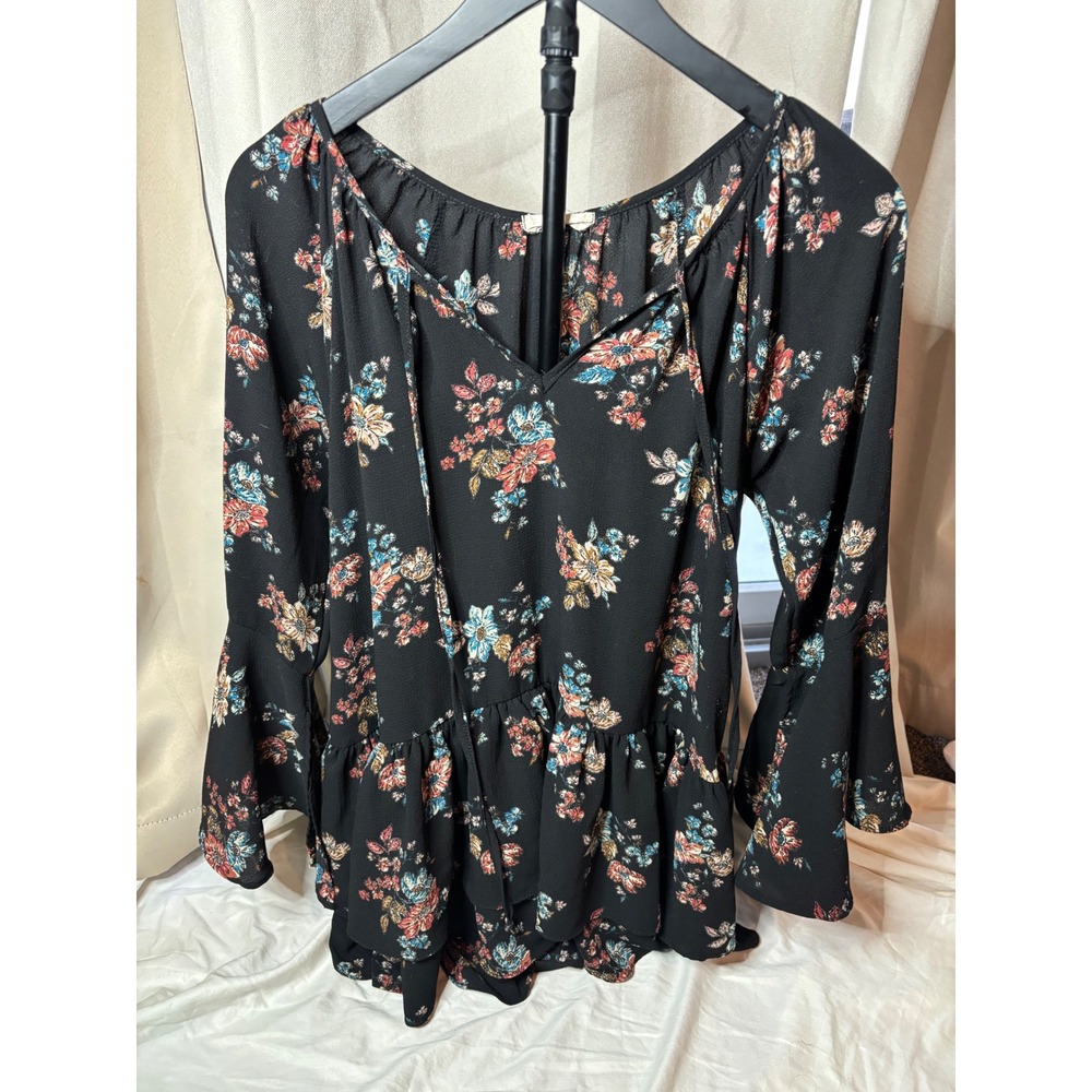 Altar'd State Floral Bell Sleeve Peplum Blouse Black V-Neck Boho Top Small